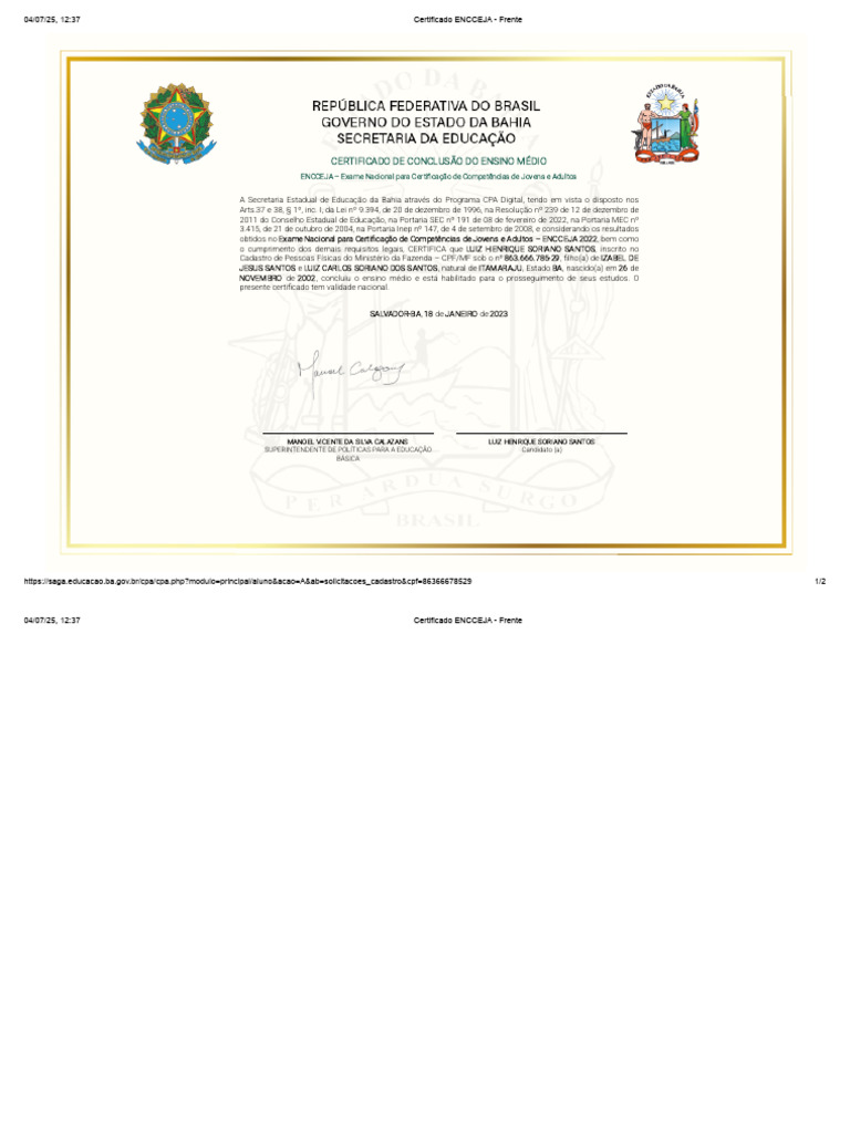 Certificado ENCCEJA Ensino Médio Bahia | PDF
