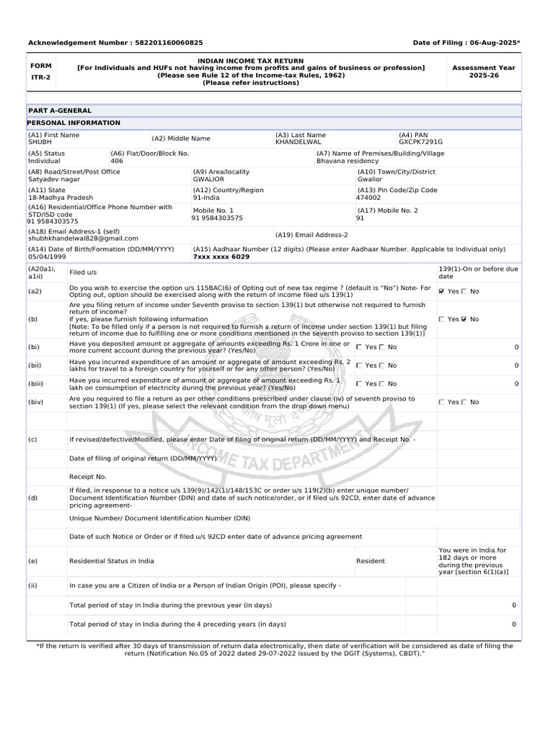 Acknowledgement for ITR-2 AY 2025-26 | PDF | Capital Gain | Tax Treaty