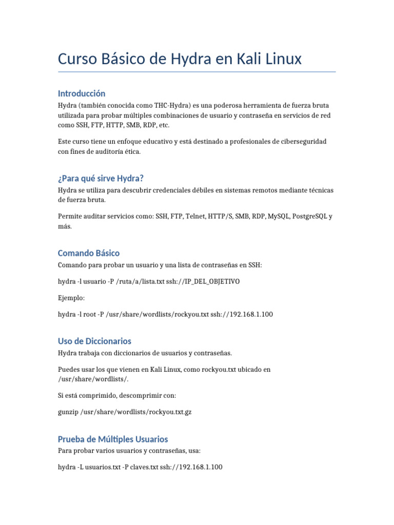 Curso de Hydra en Kali Linux | PDF