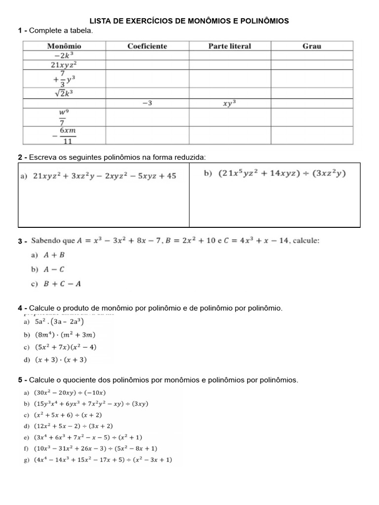 Exercícios de Monômios e Polinômios | PDF