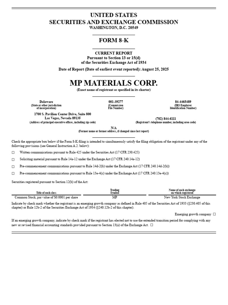 MP Materials Corp.: United States Securities and Exchange Commission ...