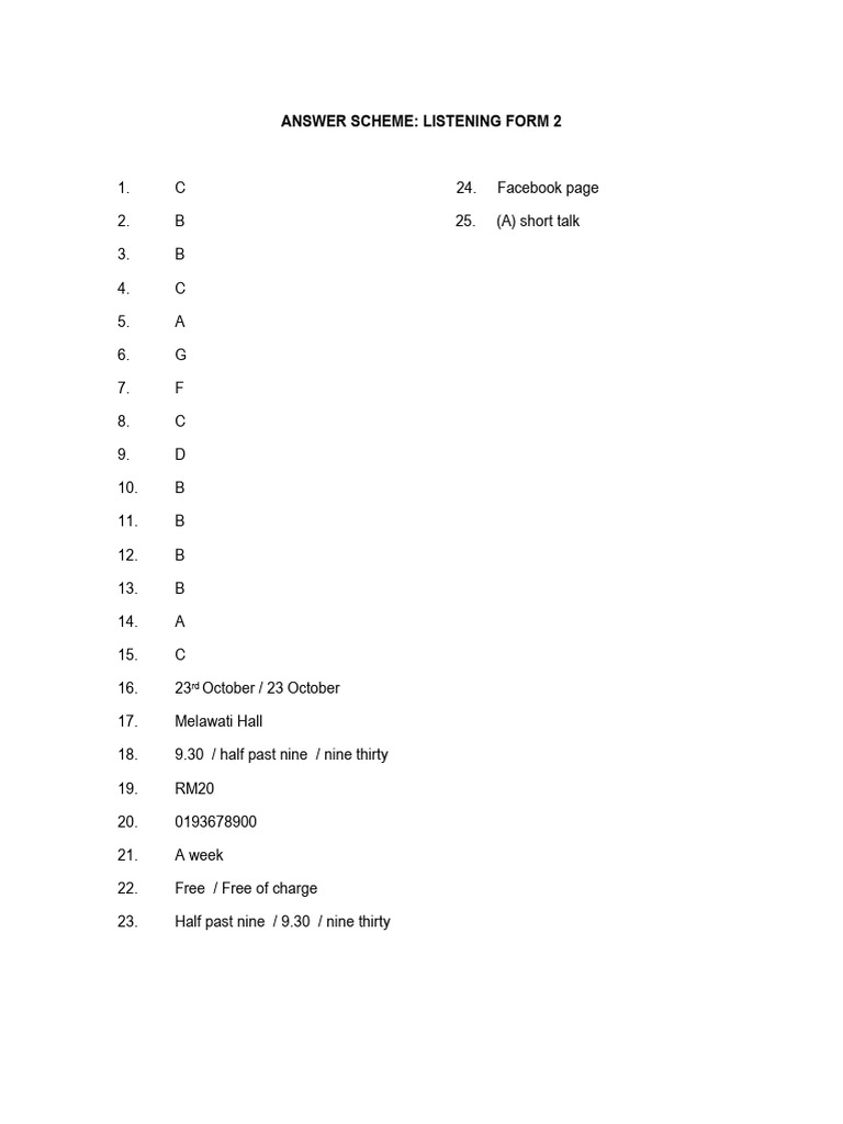 Answer Scheme Listening Form 2 Ar2 | PDF