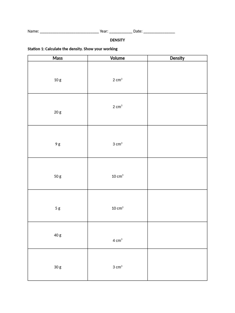 Density Calculation Worksheet | PDF