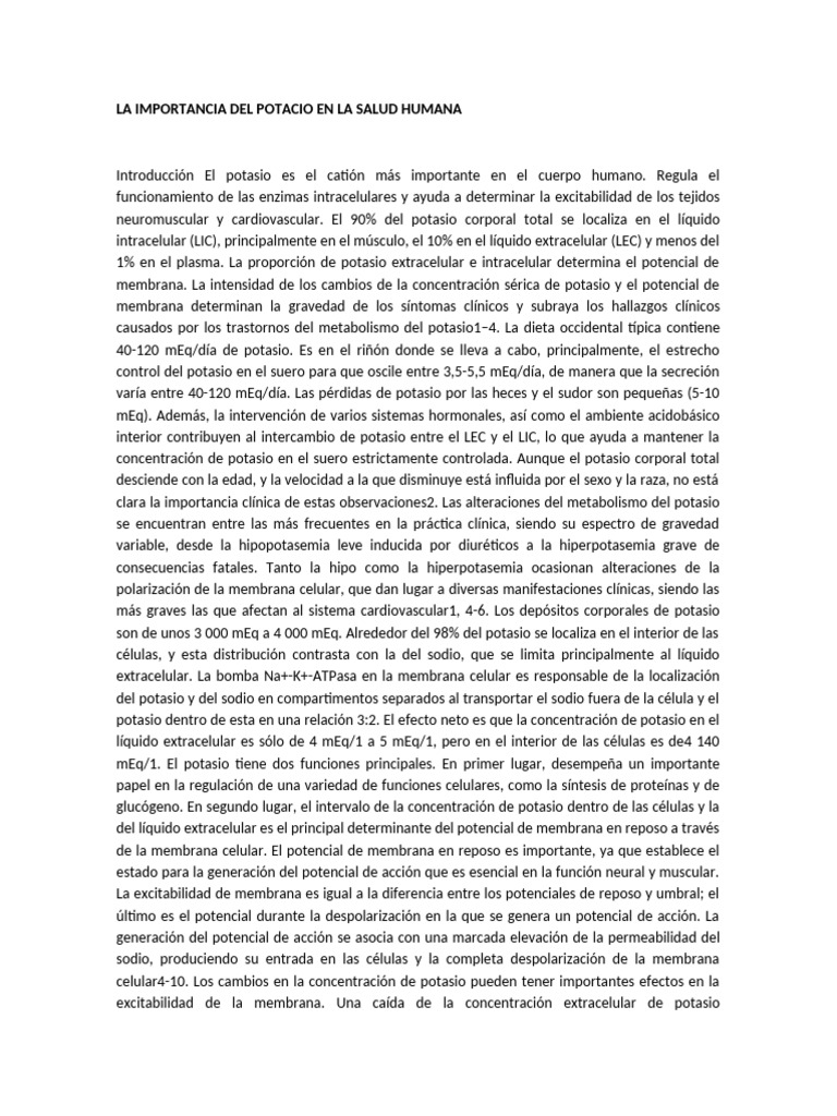 La Importancia Del Potacio en La Salud Humana | PDF | Potasio | Química
