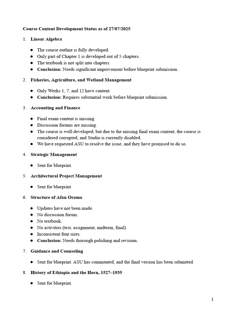 Course Development Status Update 2025 | PDF