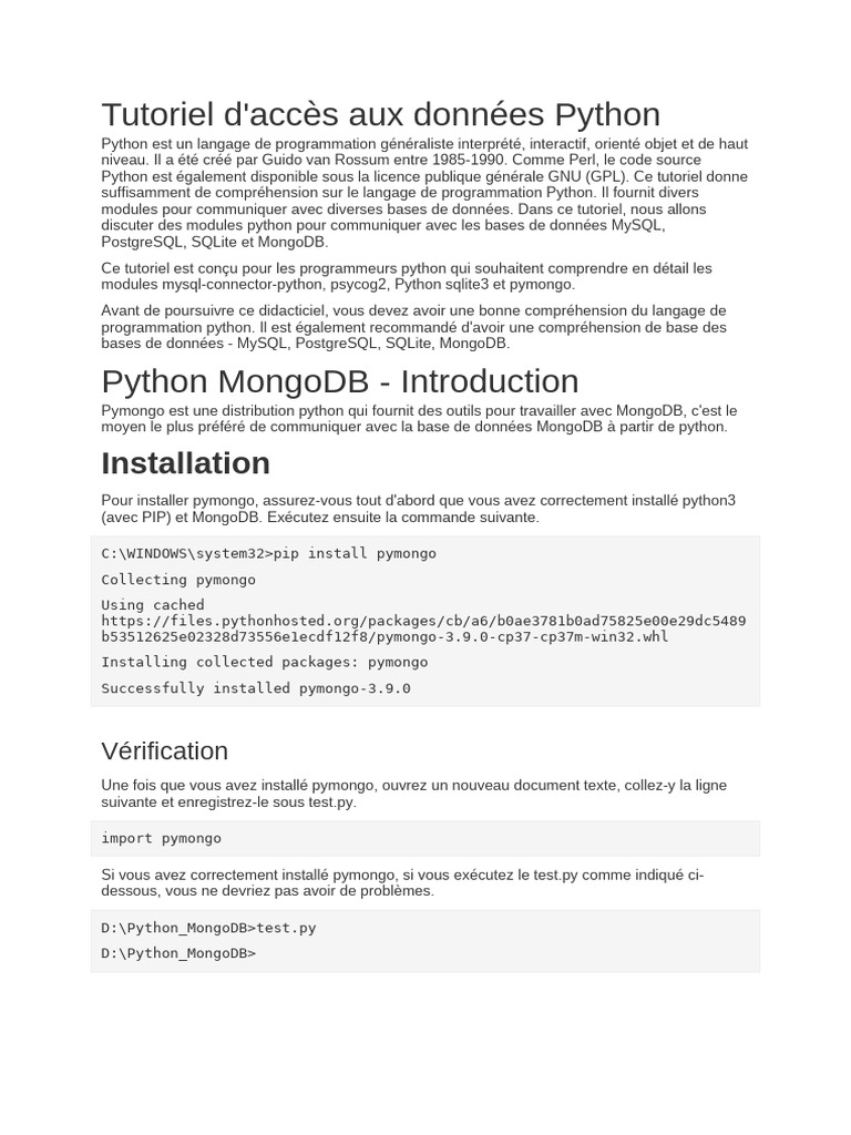 Tutoriel Python pour bases de données MongoDB | PDF | Python (Langage ...
