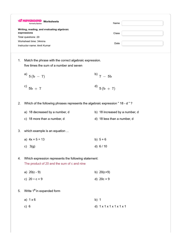 Algebraic Expressions Worksheet | PDF | Subtraction | Mathematics