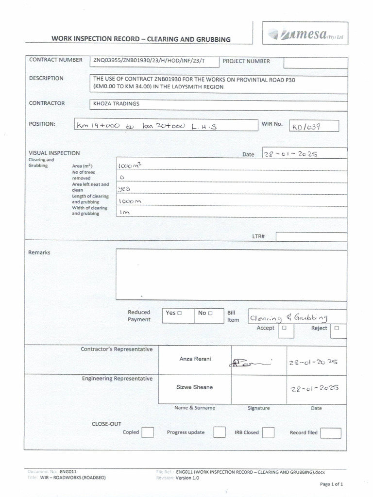 Work Inspection Sheets From Km17+000 To Km20+000 RHS & LHS | PDF