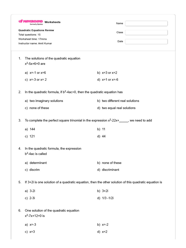 Quadratic Equations Review Worksheet | PDF | Quadratic Equation ...