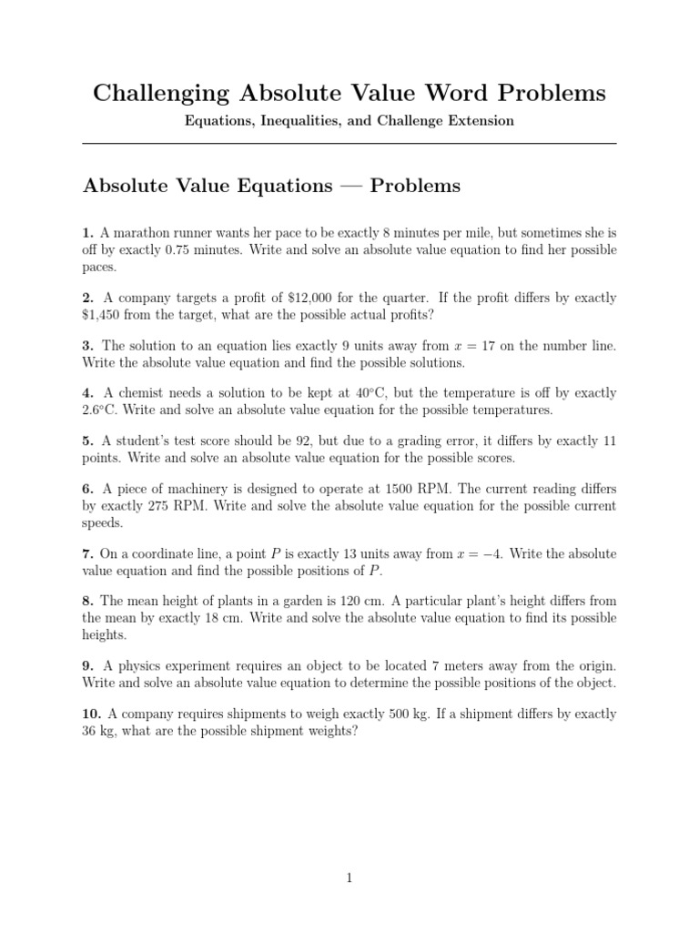 Absolute Value Word Problems Worksheet | PDF | Equations | Inequality ...
