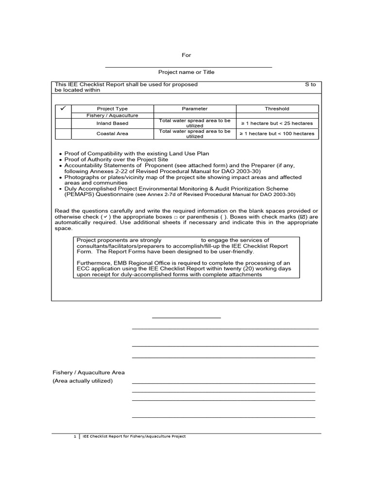 IEE Checklist for Fishery Projects | PDF | Waste | Water