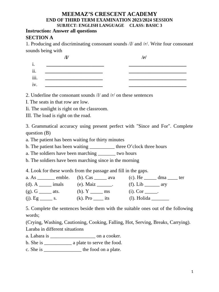 Basic 3 English Exam 2023/2024 | PDF | Linguistics