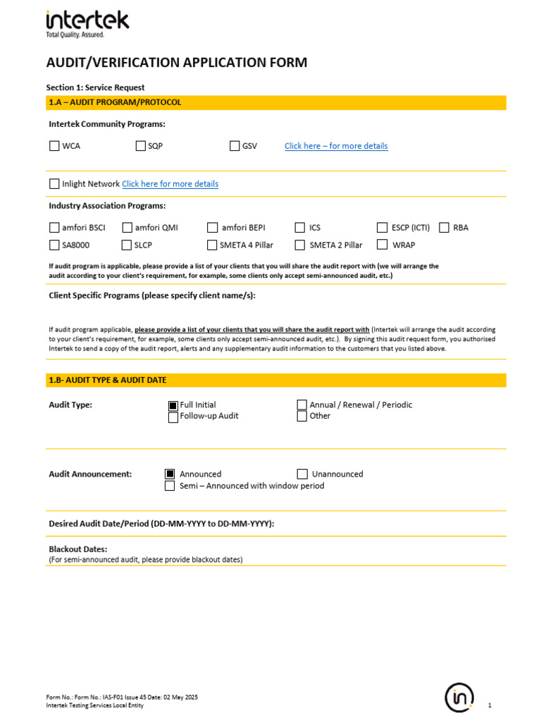 IAS-F01 Audit Application Form v45 | PDF | Fee | Audit