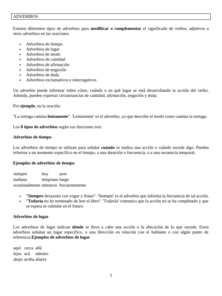 Tipos de Adverbios y Ejemplos | PDF | Adverbio | Gramática