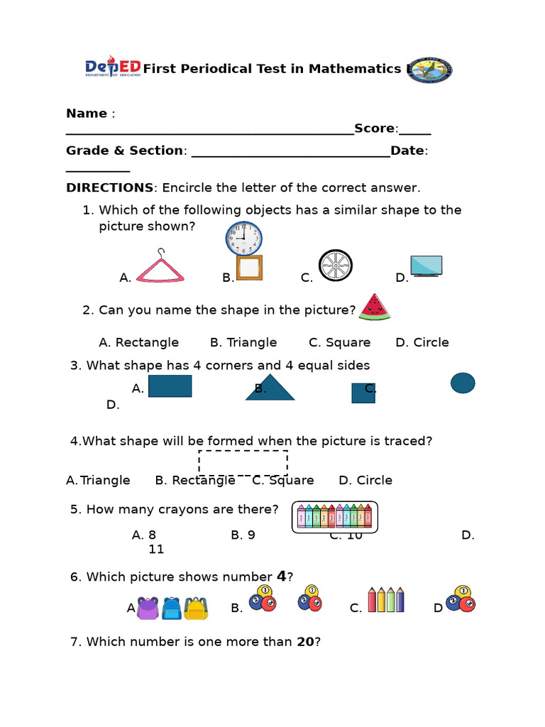 First Periodical Math Test | PDF | Shape | Chess