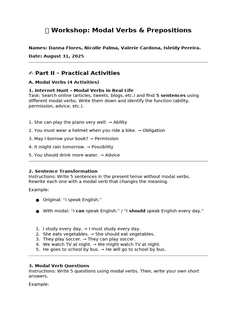Modal Verbs and Prepositions Workshop | PDF | Verb | English Language