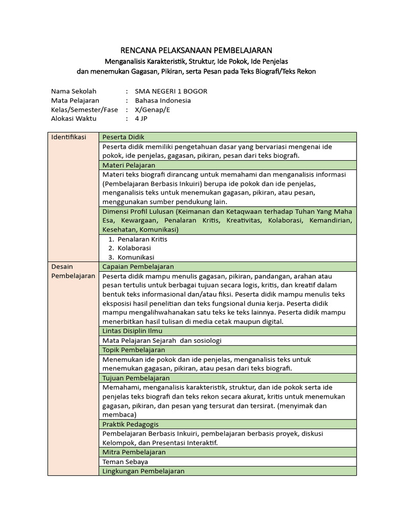 RPP PM Bahasa Indonesia SMA X Setia Wijaya | PDF