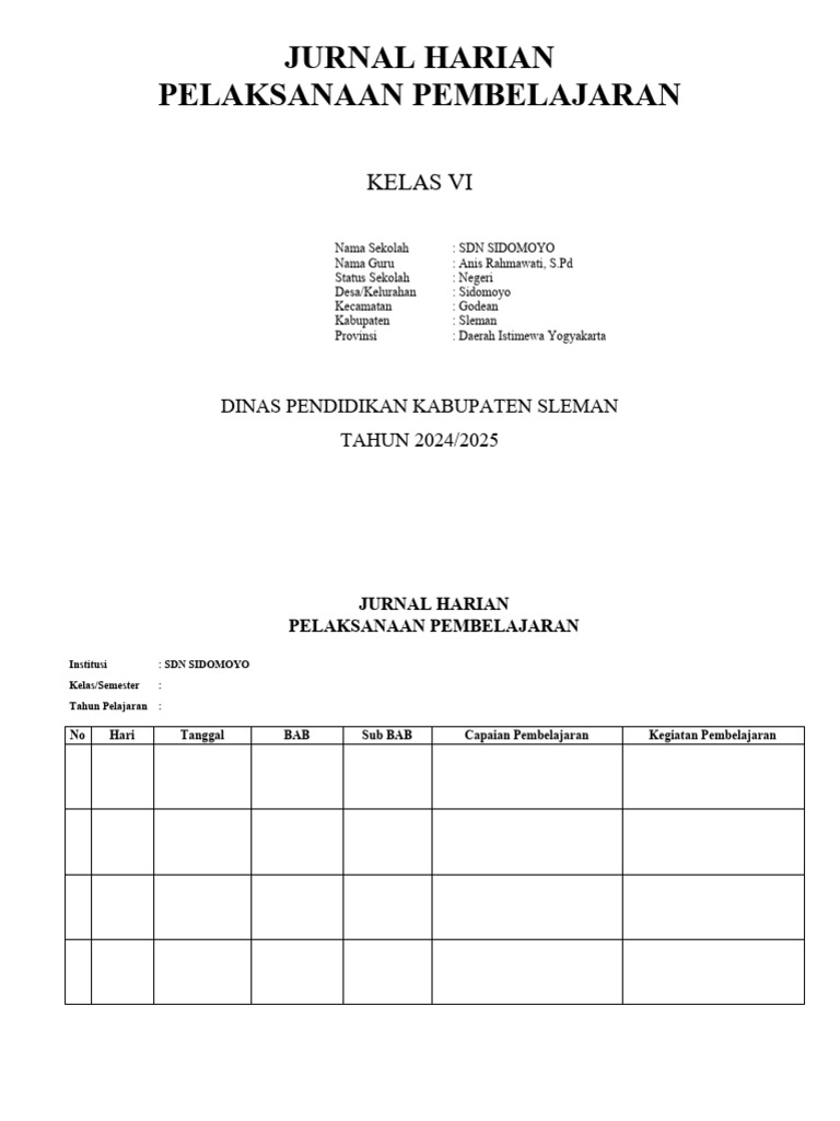 Jurnal Pembelajaran Kelas VI SDN Sidomoyo | PDF
