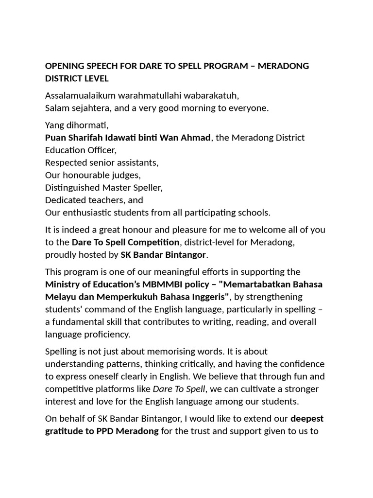 Opening Speech For Dare To Spell Program | PDF