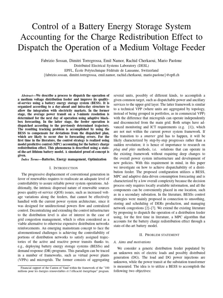 Control of A Battery Energy Storage System Accounting For The Charge ...