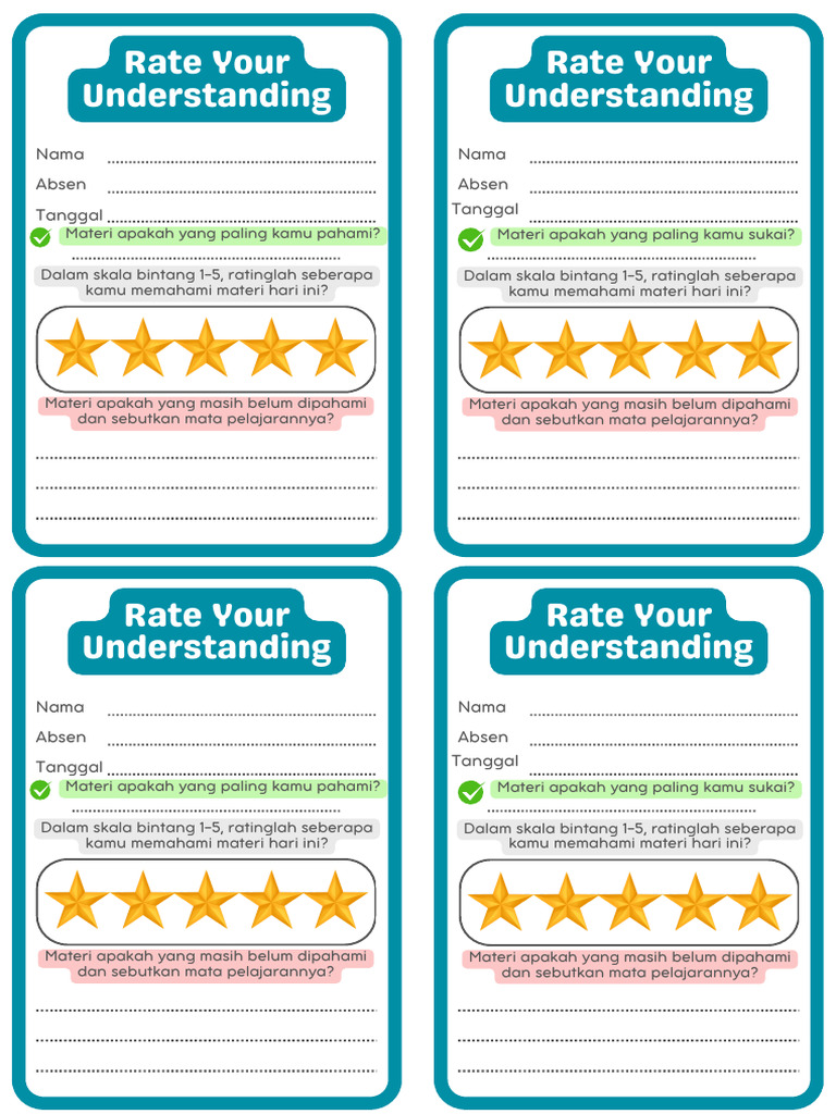 Rate Your Understanding Printable Exit Tickets in Colourful Simple ...