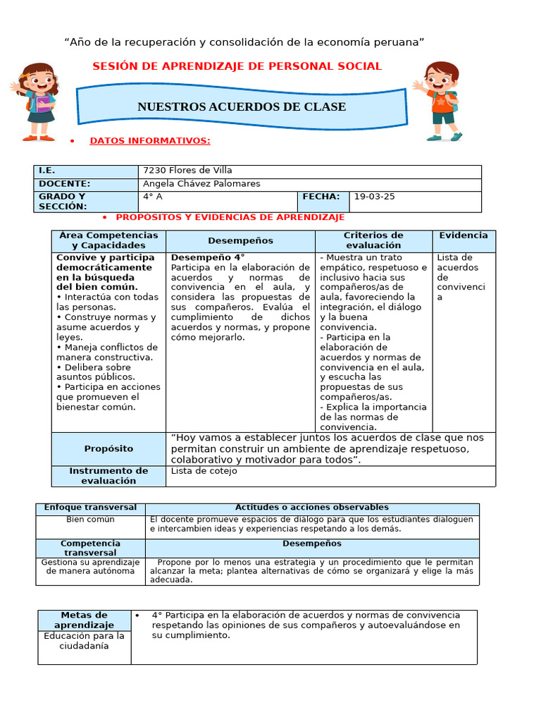 Acuerdos de convivencia en aula 4° A | PDF | Salón de clases | Aprendizaje
