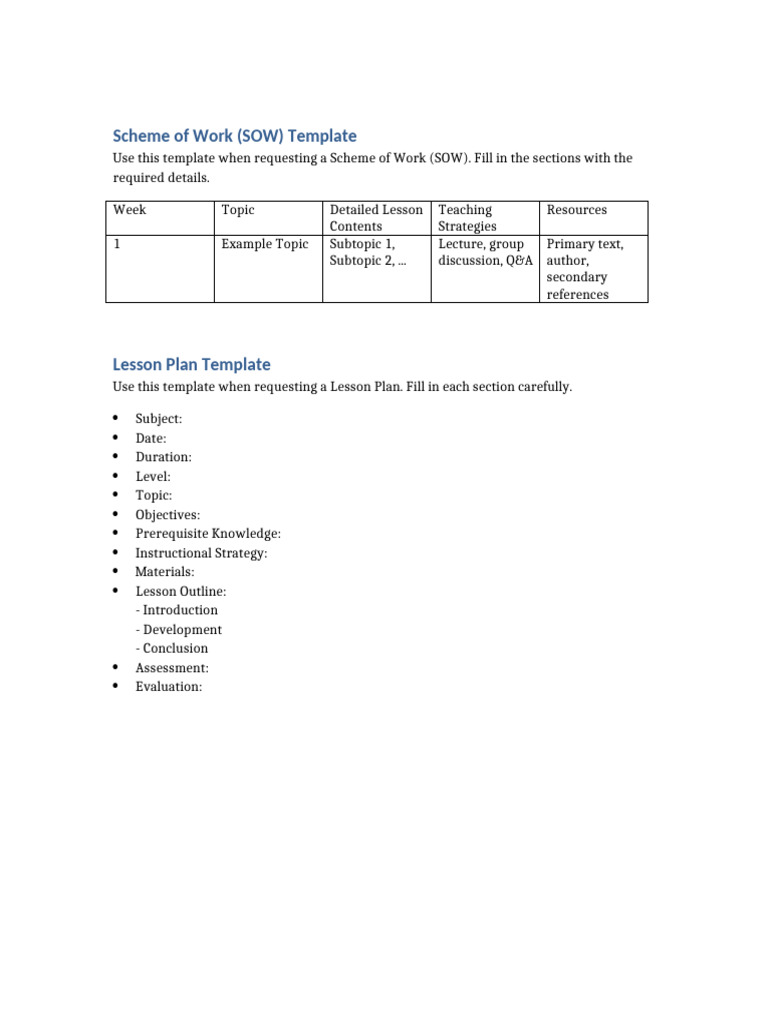 Template Sow Lesson Plan | PDF
