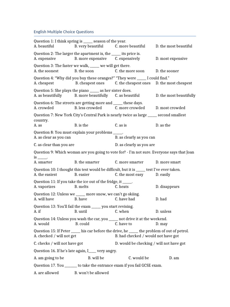 English Multiple Choice Questions | PDF