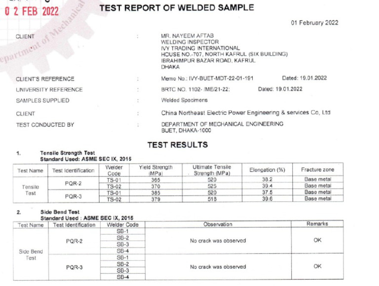 Test Report of Welded Sample | PDF