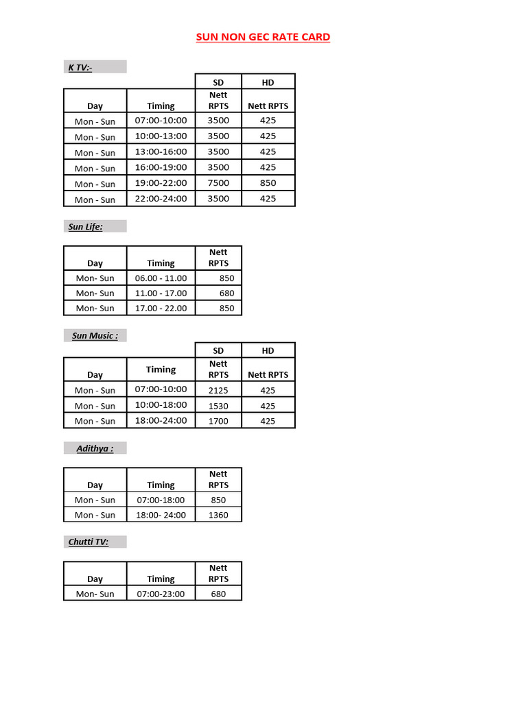 Sun TV - Non Gec Rates | PDF