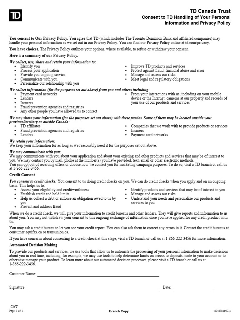 TD Privacy Policy and Consent Overview | PDF | Credit Score | Credit ...