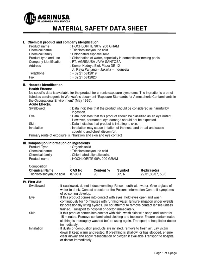 HOCHLORITE 90% MSDS Document | PDF | Firefighting | Safety