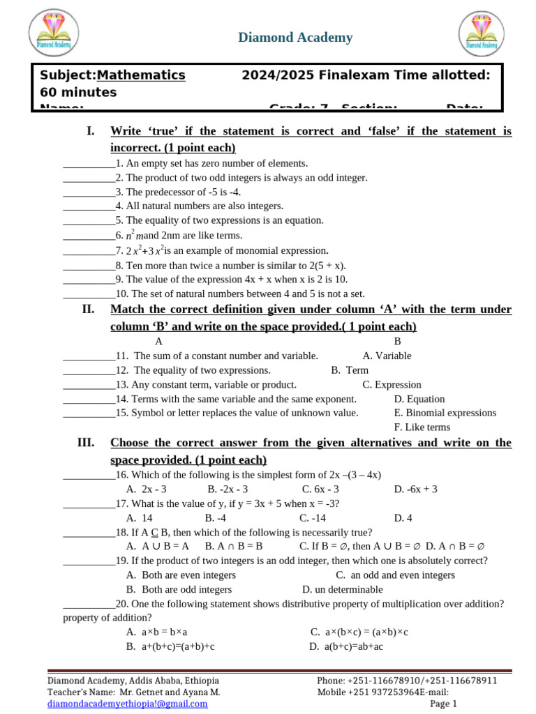 Grade 7 Mathematics Final Exam | PDF | Variable (Mathematics) | Numbers