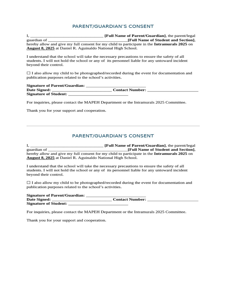 Parents Consent For Student Culmination | PDF