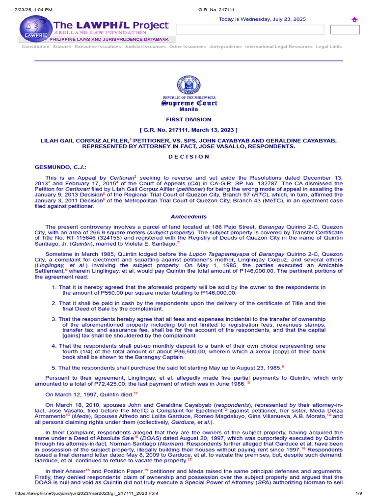 Ejectment Case Review: Corpuz vs. Cayabyab | PDF | Certiorari | Lawsuit