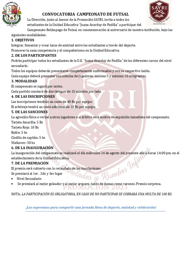Convocatoria Campeonato de Futsal 2023 | PDF
