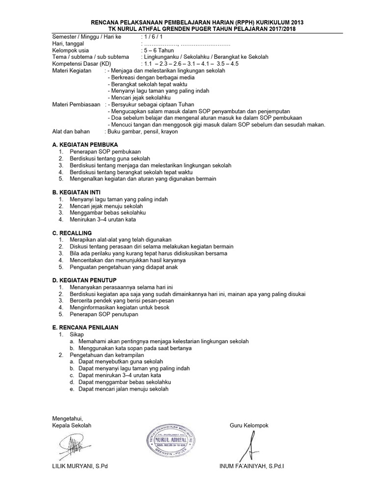 RPPH TK-B SMT1 Minggu - 06 - Sekolahku | PDF