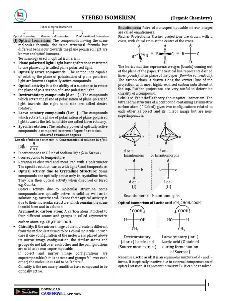 Sheet - 01 - Stereo Isomerism | PDF | Isomer | Chirality (Chemistry)