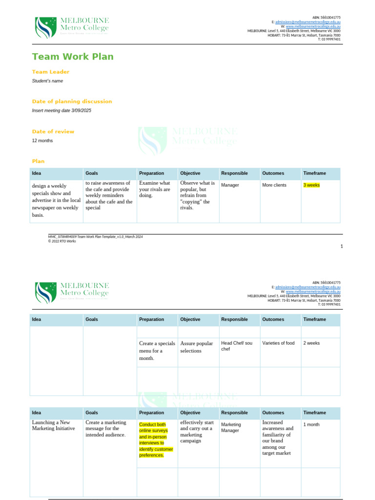 SITXHRM009 Updated Team Work Plan Template - v1.0 | PDF | Menu | Marketing