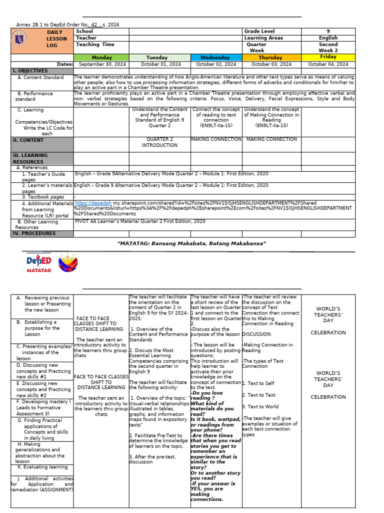 English 9 Daily Lesson Log - Quarter 2 | PDF | Learning | Cognition