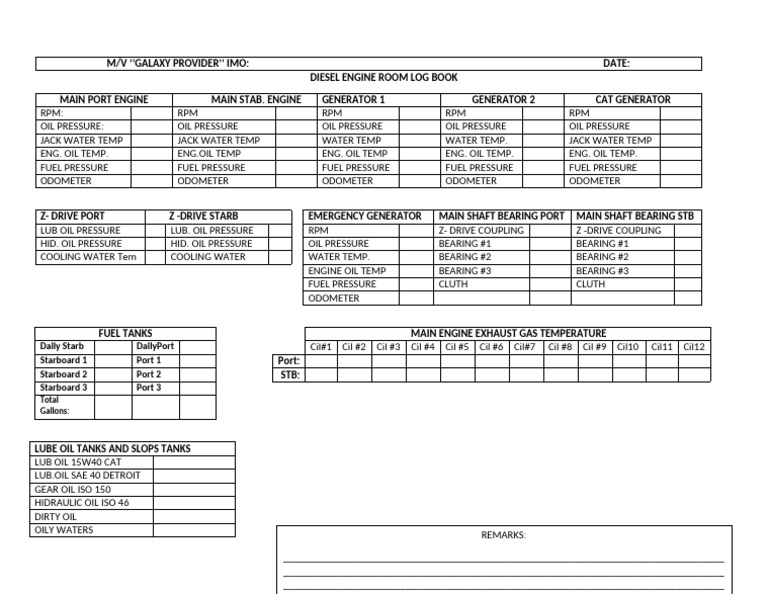 Diesel Engine Room Log for M/V Galaxy Provider | PDF | Engines | Engine ...