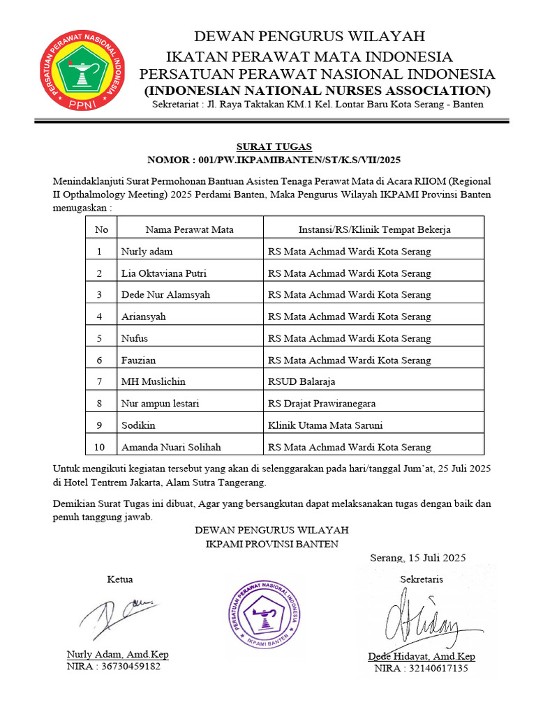 Surat Tugas Perawat Mata RIIOM 2025 | PDF