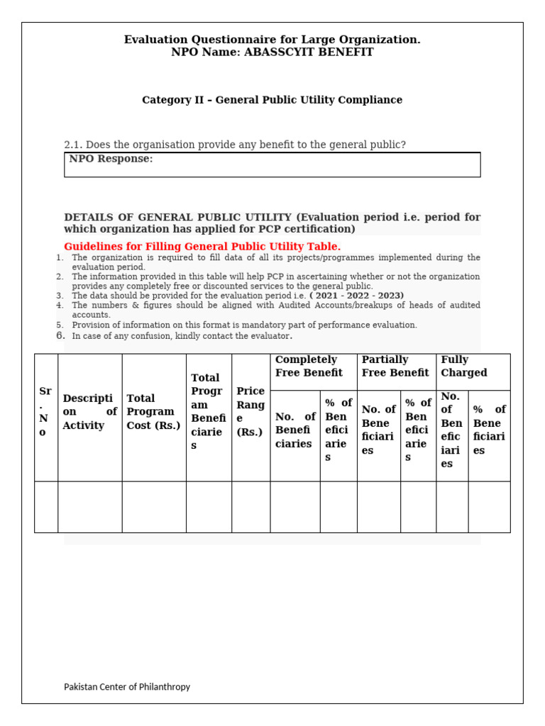 Evaluation Questionnaire for NPO Compliance | PDF