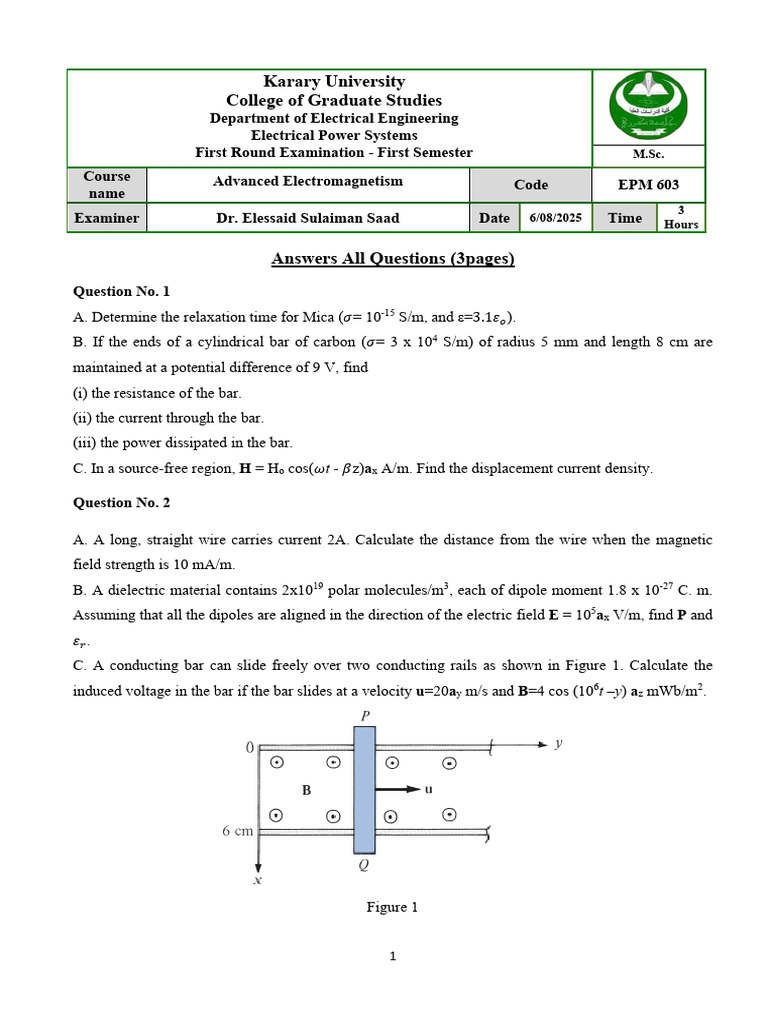 M.Sc. Exam: Advanced Electromagnetism | PDF | Magnetic Field | Dielectric