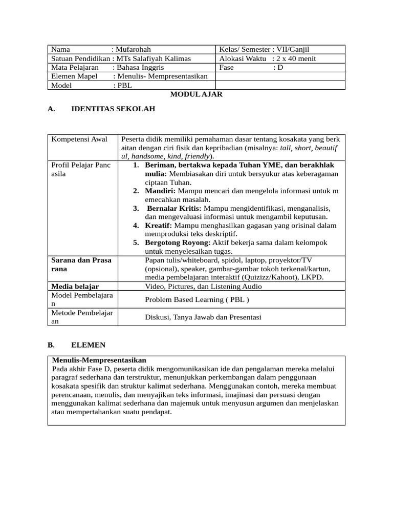 Modul Ajar Descriptive Text Kelas 7 | PDF