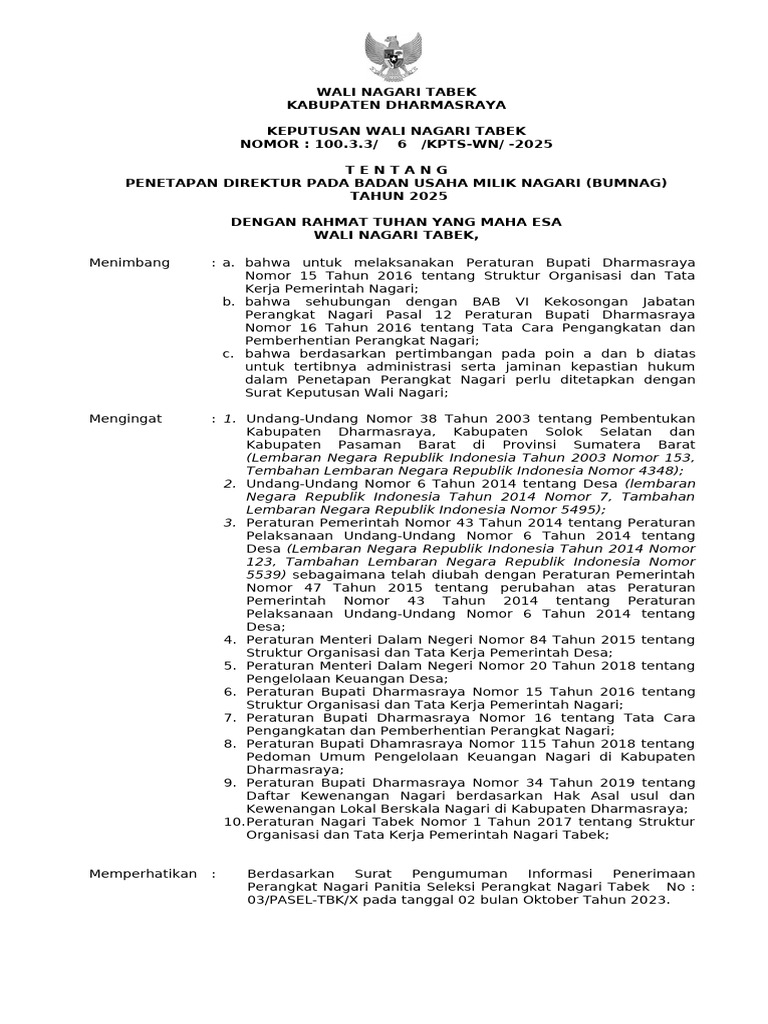 Penetapan Direktur BUMNAG Tabek 2025 | PDF
