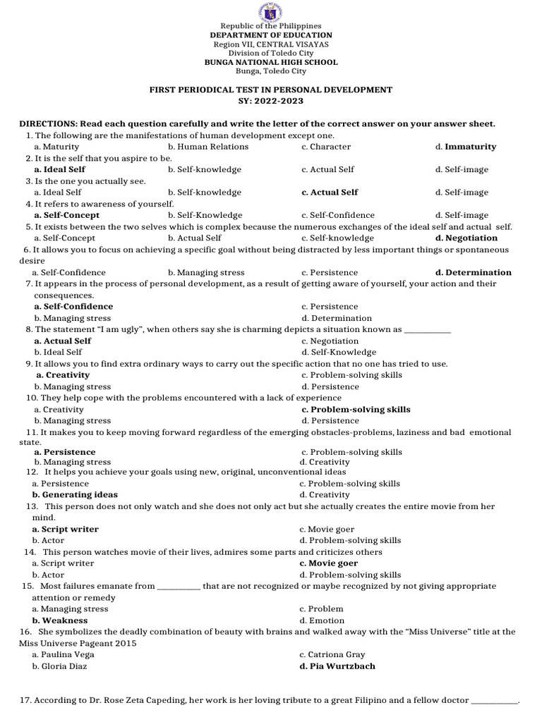 Personal Development Test Questions | PDF | Adolescence | Cognitive ...
