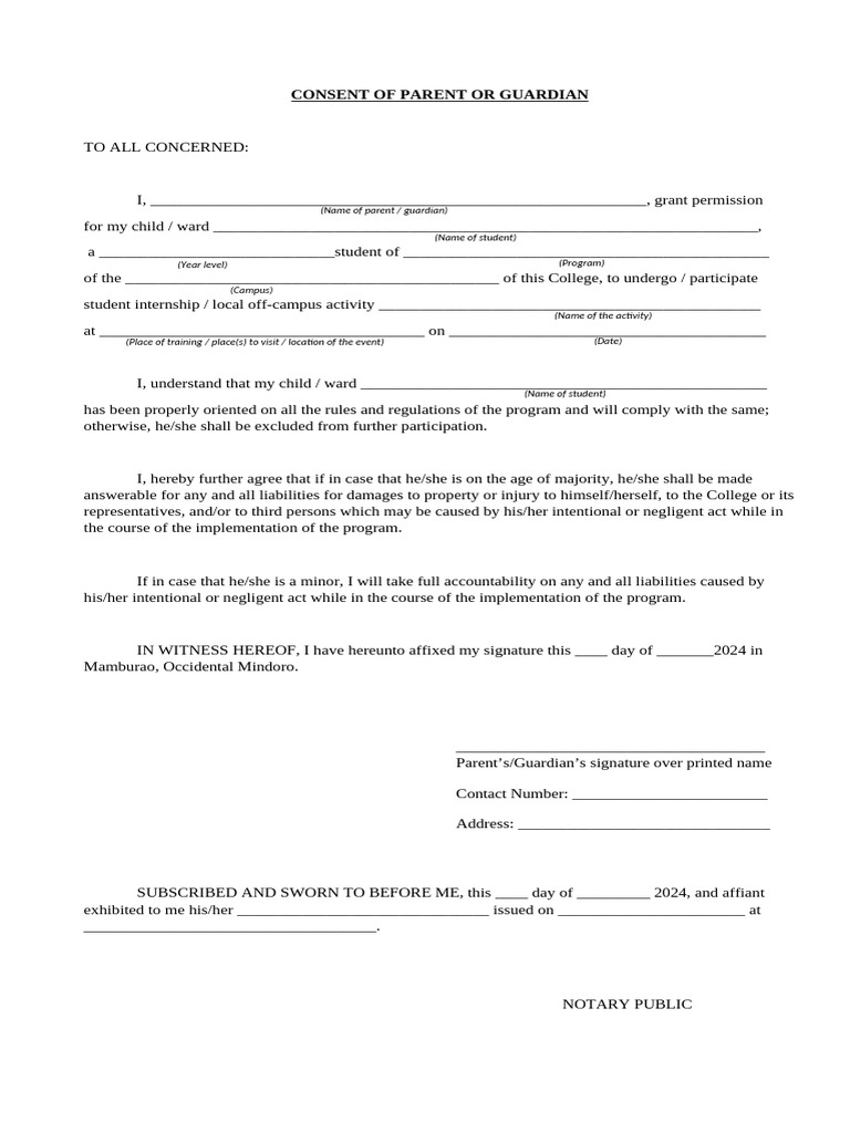 Parental Consent Form for Student Activities | PDF | Private Law ...