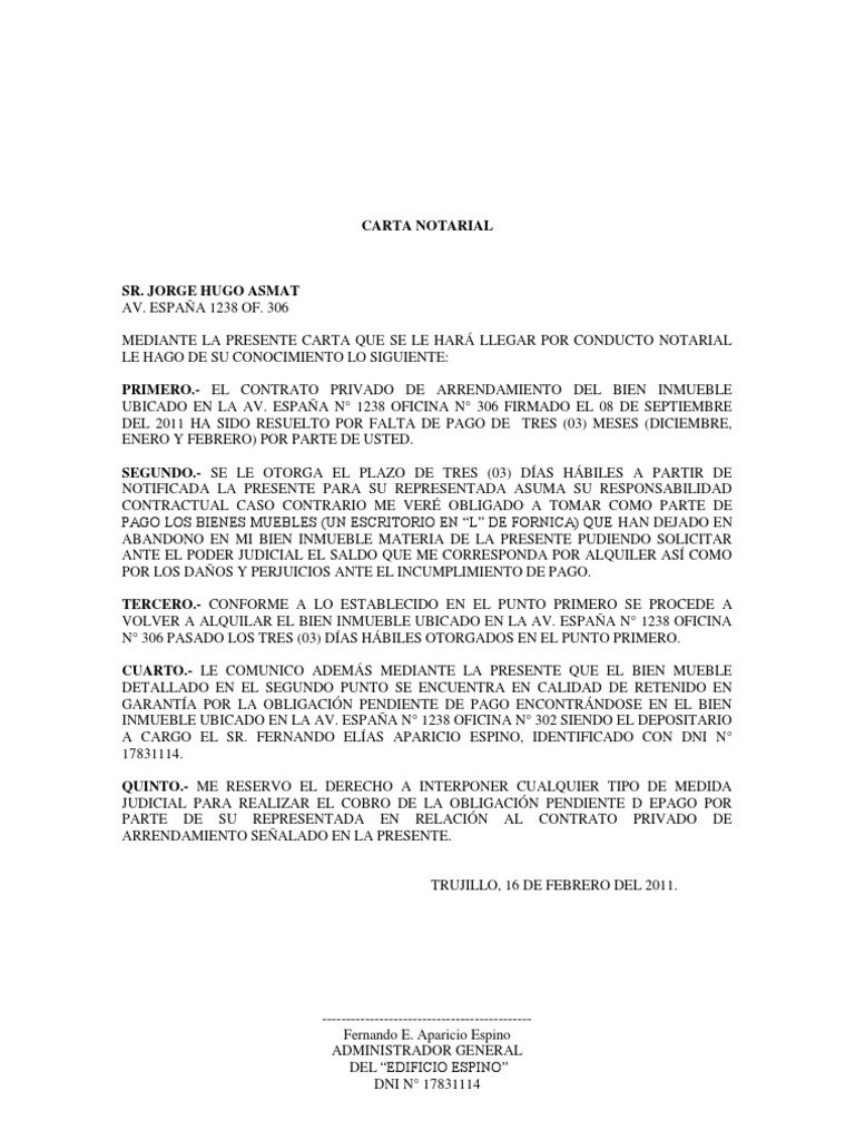 Carta Notarial  Pagos  Alquiler