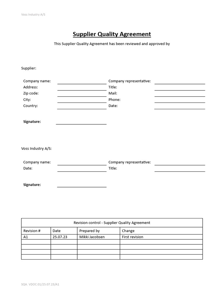 Voss Supplier Quality Agreement 2023 | PDF